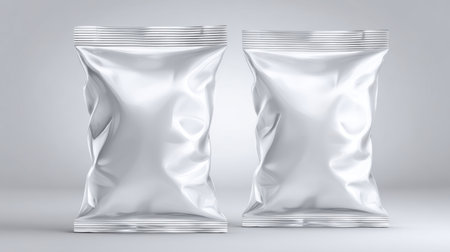 This image features two empty white packaging bags set against a minimal gray background, perfect for showcasing product designs or marketing concepts in a clean and modern style.の素材