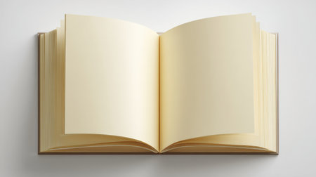 This image features an open book with blank pages resting on a clean surface, ideal for use in creative projects, educational materials, and artistic mockups.の素材