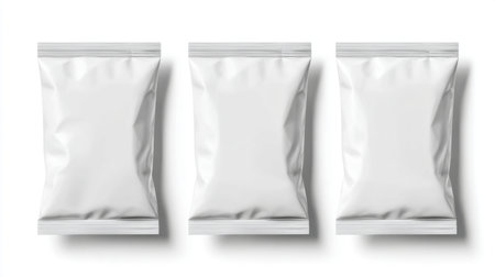 A set of three empty pouches on a white background, perfect for showcasing product designs, packaging concepts, or minimalist aesthetic in photography.の素材