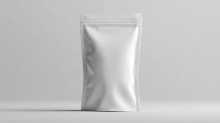 A blank stand-up pouch rests against a minimalist background, perfect for showcasing product branding, packaging designs, or marketing materials in a clean, professional setting.の素材