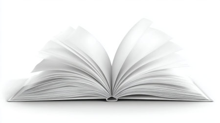 An open book with pages flipping, showcasing a clean white background ideal for themes of knowledge, education, and imagination in creative or academic projects.の素材