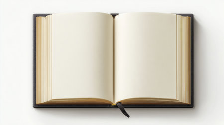 A blank open book with empty pages rests on a clean white surface, perfect for writers and artists seeking a canvas for their ideas and creativity.の素材
