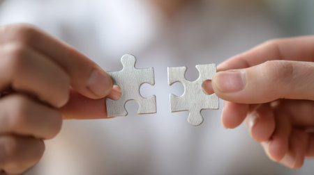 Two hands grasp matching puzzle pieces, representing teamwork and collaboration, with a soft-focus background to emphasize connection and problem-solving dynamics.の素材