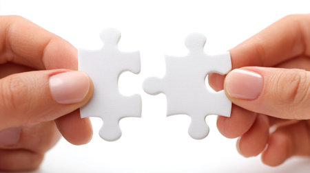 Two hands grasp white puzzle pieces, symbolizing connection and teamwork. The pure white background emphasizes collaboration and problem-solving in a soft light environment.の素材