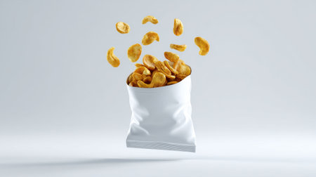 An enticing image of cashew nuts floating out of an open white snack bag against a light background, perfect for showcasing healthy snack options and culinary delights.の素材