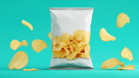 A visually striking image of a pack of potato chips surrounded by floating chips, ideal for representing snack products, parties, or casual dining experiences.の素材