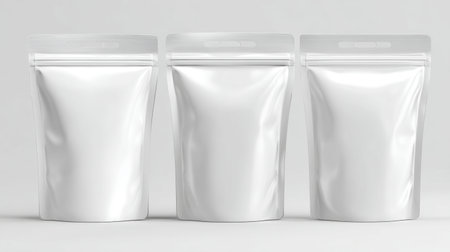 Three empty white packaging bags are displayed together, perfect for showcasing food or product in a clean and modern style suitable for various applications.の素材