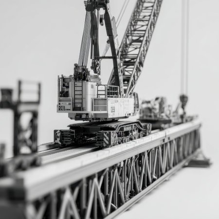 Captivating black and white image of a heavy-duty crane on a construction site, showcasing the intricate design and operational mechanisms of industrial machinery.の素材