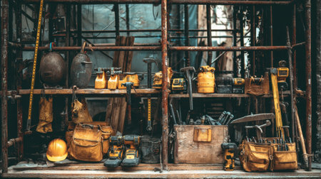 A detailed view of a construction tool shelf, showcasing an array of hand tools, power tools, and safety equipment neatly organized for easy access in a working environment.の素材