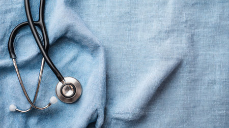 A close-up view of a stethoscope resting on soft blue fabric, symbolizing the medical profession and the importance of health care in a serene environment.の素材