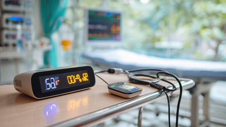 A close-up view of medical monitoring equipment showing vital signs in a healthcare facility, emphasizing patient care technology and clinical environment.の素材
