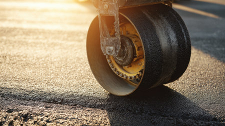 A detailed view of a roller compactor working on an asphalt surface during a construction project, capturing the machinery's wheel reflecting golden sunlight at sunset.の素材