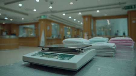 This image shows a digital scale prominently placed on a countertop in a modern healthcare facility, emphasizing cleanliness with neatly arranged linen in the background.の素材