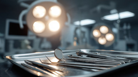 A set of surgical instruments displayed on a metal tray, showcasing a modern operating room with bright lights, emphasizing precision and the importance of professionalism in healthcare settings.の素材