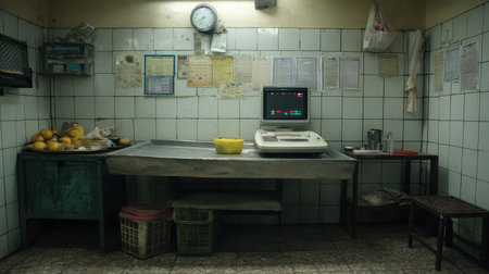 A vintage kitchen interior showing old equipment and a cluttered counter, presenting a sense of nostalgia and rustic charm in a dimly lit environment.の素材