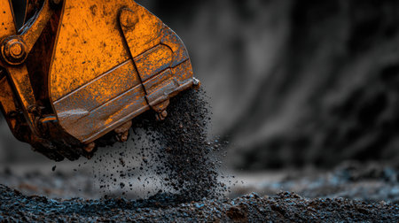 Close-up view of heavy machinery digging into soil, capturing the detailed bucket action and dust dispersion, symbolizing industrial development and construction activities.の素材