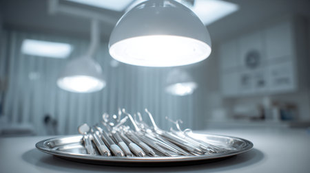 This image features a collection of dental instruments displayed on a metal tray, illuminated by bright surgical lights in a modern clinic, showcasing professionalism in dental care.の素材