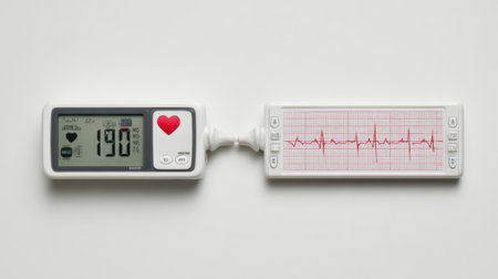 A digital heart rate monitor showcases a high pulse reading with an ECG waveform displayed. This image represents modern health technology and medical monitoring tools.の素材