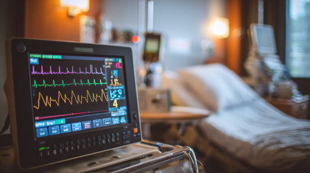 A detailed view of a medical monitor showing vital signs in a hospital room, featuring soft lighting and essential healthcare equipment for patient monitoring and diagnosis.の素材