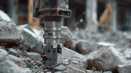 A detailed close-up image of a demolition tool designed for breaking concrete, showcasing its metallic surface and surrounding debris in an active construction environment.の素材