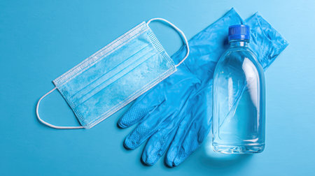 A flat lay of a disposable face mask, rubber gloves, and a transparent water bottle on a blue background, emphasizing hygiene and personal health safety measures.の素材