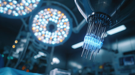 Explore a close-up view of sleek surgical equipment illuminated by bright LED lights in a modern operating room, highlighting the cutting-edge technology vital for patient care.の素材