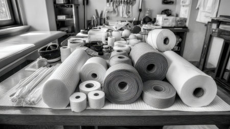 A captivating monochrome image showcasing a variety of crafting materials on a workbench, perfect for inspiring artistic projects or creative endeavors in a studio environment.の素材