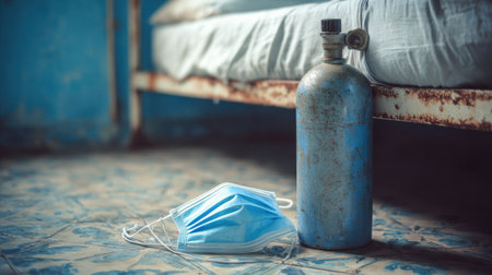 This image showcases a blue oxygen cylinder and a medical face mask resting on the floor of an unkempt room, evoking themes of isolation and the ongoing health crisis.の素材