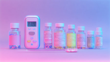 Vibrant medication bottles arranged with a digital thermometer, illustrating the importance of health and wellness in modern medicine and healthcare practices.の素材