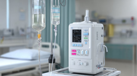 A modern infusion pump setup in a clean hospital room, showcasing advanced medical technology for precise fluid delivery in patient treatment and care scenarios.の素材