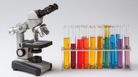 A laboratory microscope paired with vibrant test tubes filled with chemical solutions, perfect for science education and research applications, showcasing a variety of colors and substances.の素材