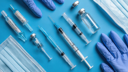 View of medical supplies including syringes, vials, masks, and gloves on a blue surface, representing themes of healthcare, vaccination, sanitation, and safety against diseases.の素材