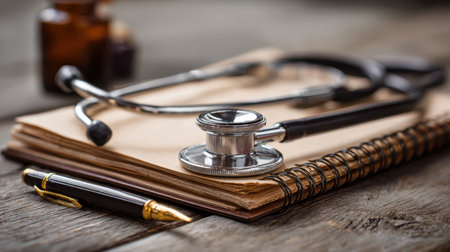 A stethoscope rests on a notebook alongside a pen, symbolizing healthcare documentation and the vital role of medical professionals in patient care settings.の素材