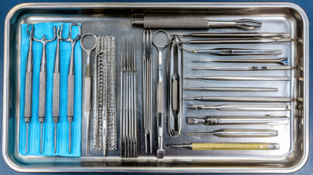 A collection of surgical instruments displayed on a tray, ideal for healthcare professionals in various medical fields, showcasing precision tools for various procedures.の素材