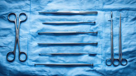 Neatly arranged surgical instruments on a blue cloth emphasize precision and hygiene in medical procedures, ideal for educational or professional health-related content.の素材