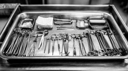 A meticulous arrangement of surgical instruments on a steel tray highlights the essential tools used in operating rooms for various medical procedures, ensuring safety and precision.の素材