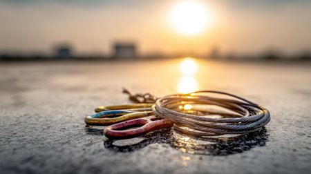 Close-up image of colorful hooks and steel wire lying on a wet surface during sunset, showcasing vibrant colors and reflections that enhance the outdoor artistic scene.の素材