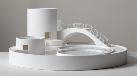 Artistic representation of a minimalist architectural model highlighting clean lines and circular forms, perfect for design inspiration or modern aesthetics.の素材