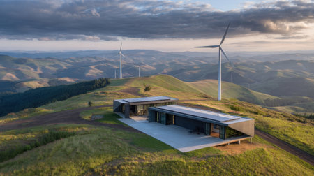 A stunning aerial view of a modern house situated on a hilltop, surrounded by wind turbines and a breathtaking natural landscape, ideal for promoting sustainable living.の素材