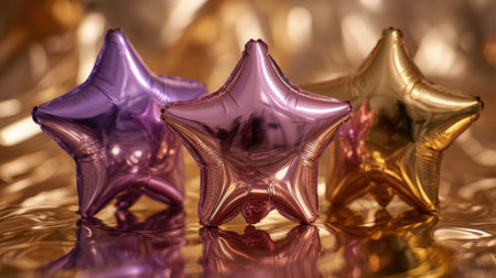 A vibrant arrangement of colorful star-shaped balloons against a shimmering background, ideal for enhancing festive decor and creating joyful memories during celebrations and events.の素材