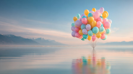 A vibrant cluster of colorful balloons floats effortlessly on a calm lake, reflecting the soft morning light and surrounding mountains, creating a serene and joyful atmosphere.の素材