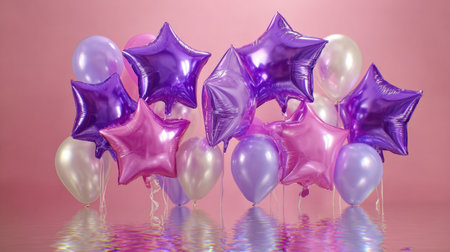 Vibrant assortment of star and round balloons in shades of purple, pink, and white creates a festive atmosphere perfect for celebrations and special occasions.の素材