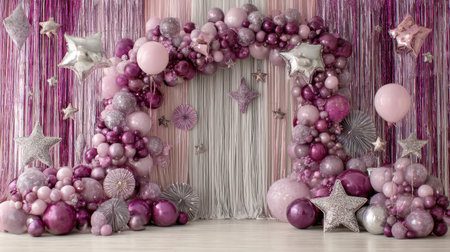 A stunning display of pink and purple balloon decorations forms a vibrant archway, complemented by shimmering stars and bright streamers, perfect for any festive occasion.の素材