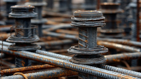 A close-up image showcasing rusty steel reinforcement bars and spools at a construction site, emphasizing the industrial materials used for structural integrity and design.の素材