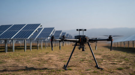 A drone is positioned on a grassy field surrounded by solar panels, showcasing modern technology in renewable energy and agricultural monitoring under a clear blue sky.の素材