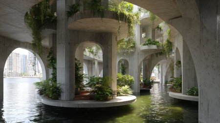 Captivating view of a modern architectural structure built over water, surrounded by lush greenery, creating a serene and tranquil atmosphere in an urban landscape.の素材