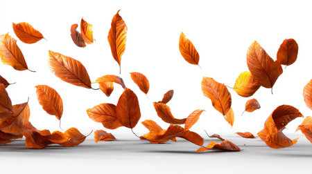 A captivating image of vibrant autumn leaves swirling in the air against a bright white background, showcasing the beauty and transition of nature during the fall season.の素材