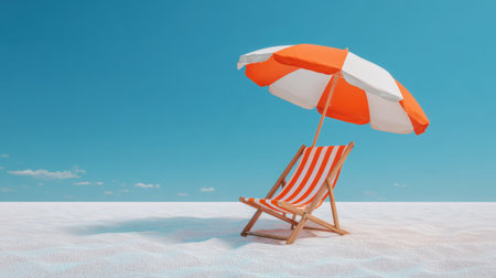 A bright beach scene featuring a striped umbrella and a deck chair, symbolizing relaxation and summer enjoyment, perfect for vacation themes and nature inspiration.の素材
