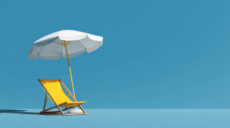 A bright yellow beach chair paired with a white umbrella sits against a clear blue sky, creating a serene summer atmosphere ideal for relaxation and vacation moments.の素材