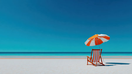A serene beach scene featuring an orange and white striped umbrella beside a lounge chair, perfect for sunbathing under a bright blue sky and calm ocean waves.の素材
